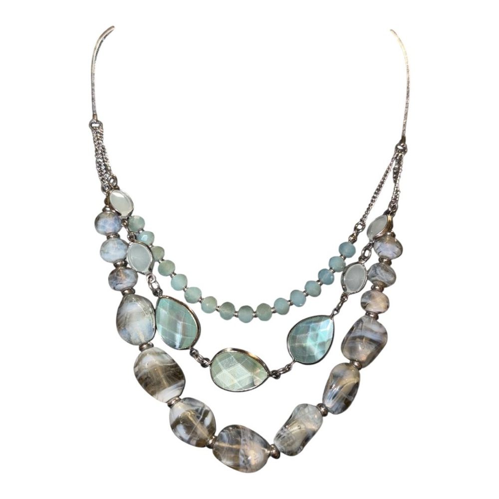 Iridescent Aqua & Opalite-Style Multi-Strand Beaded Necklace Adjustable J13